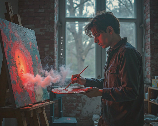 Young Artist Painting Abstract Artwork in Soft Light