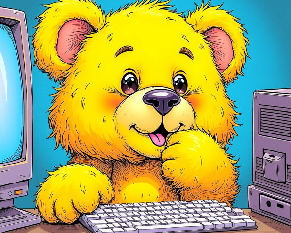 Cheerful yellow bear with computer in whimsical setting