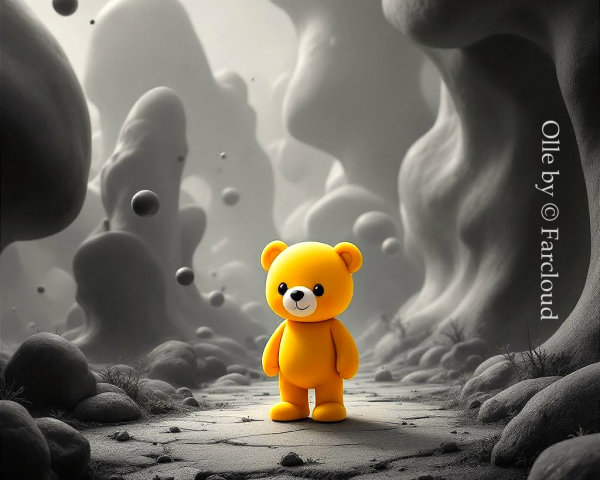 Yellow Bear Character in Surreal Dreamlike Landscape