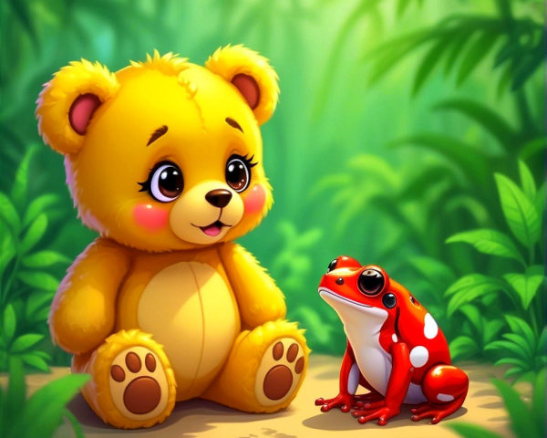 Cheerful Yellow Bear and Spotted Frog in Jungle Setting