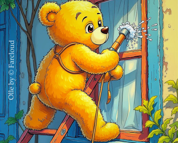 Animated yellow bear watering a window with hose