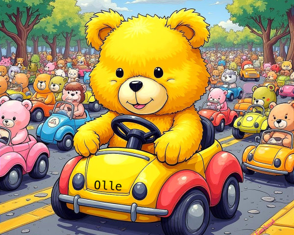 Cheerful Bear Driving Toy Car in Colorful Parade Scene