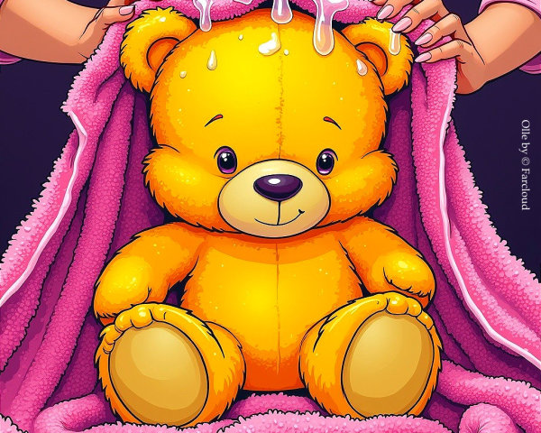 Cheerful yellow teddy bear in cozy pink blanket scene