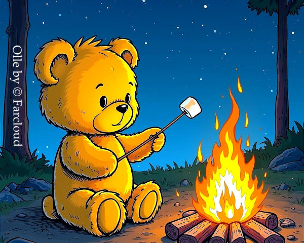 Cartoon Teddy Bear Roasting Marshmallow by Campfire