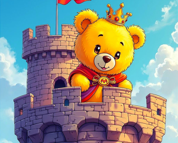 Cartoon Yellow Bear in Castle Tower with Blue Sky