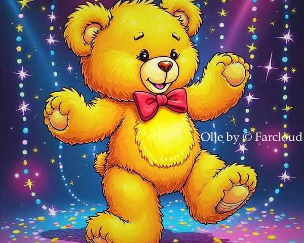 Cheerful Yellow Teddy Bear in Vibrant Celebration Scene