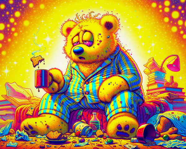 Psychedelic Bear in Pajamas Surrounded by Books and More