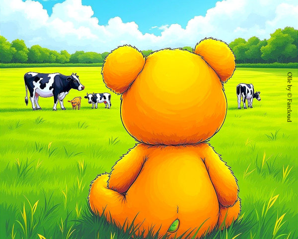 Cheerful Teddy Bear in a Sunny Meadow with Cows