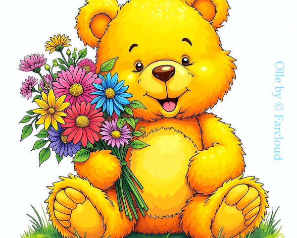 Cheerful Yellow Bear with Colorful Flowers in Grass