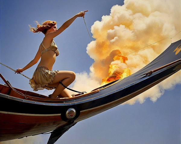 Woman in Gold Bikini on Boat with Orange Smoke