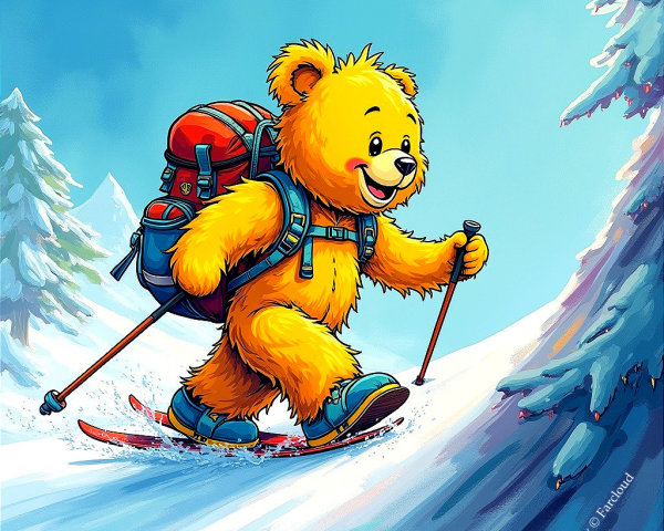 Cartoon Yellow Bear Skiing on Snowy Mountain