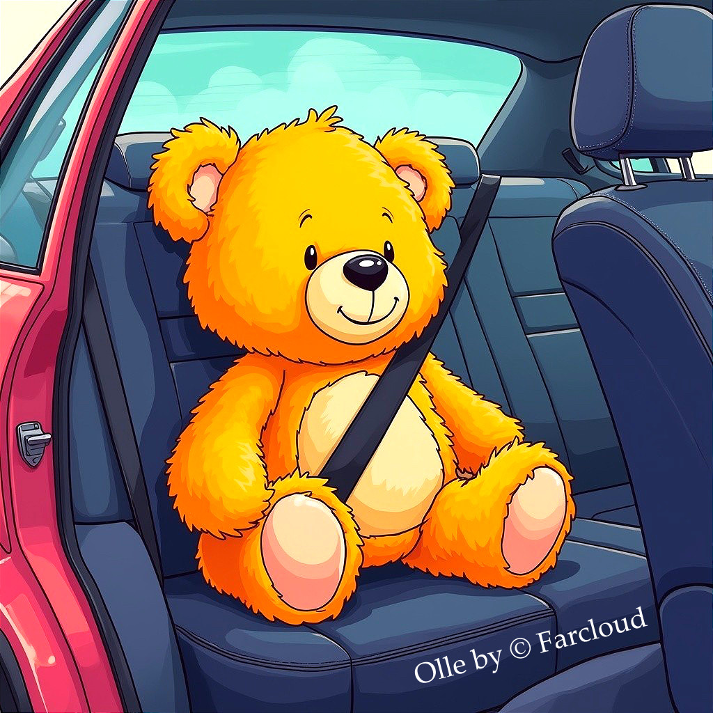 Bright Orange Teddy Bear in Cozy Car Interior