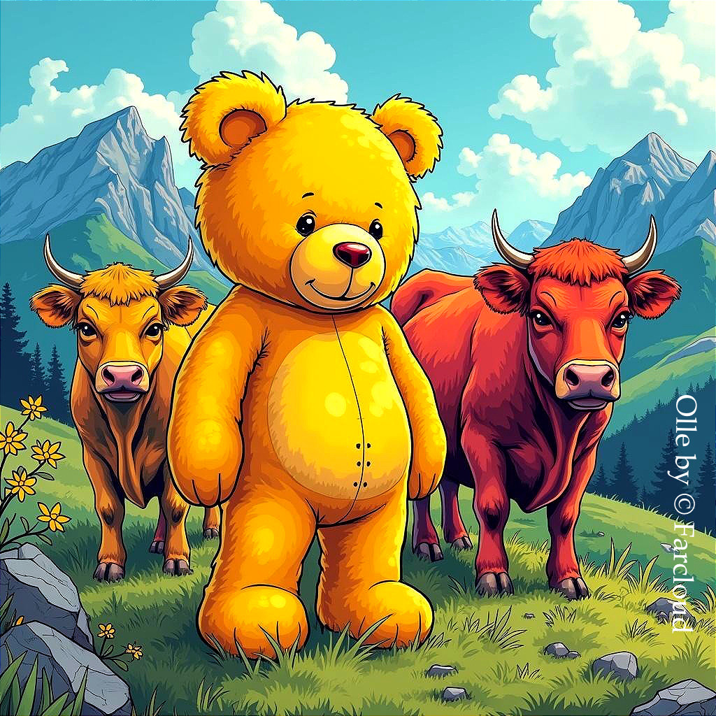 Oversized yellow teddy bear in a green meadow scene