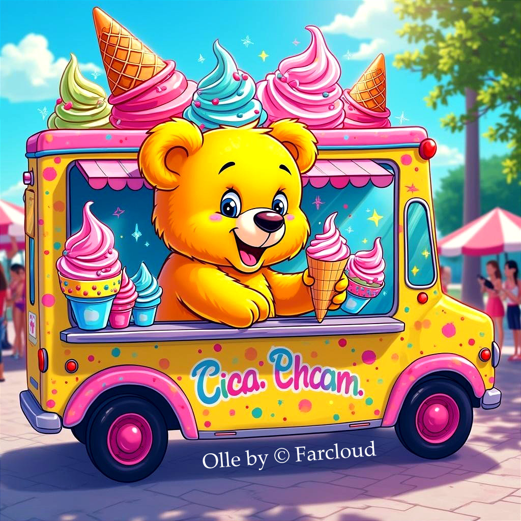 Yellow Bear Ice Cream Truck in Sunny Park Scene