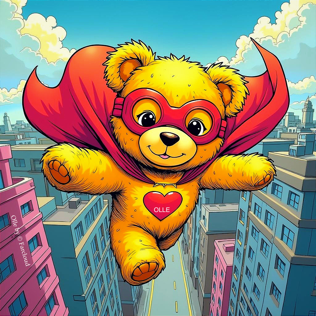 Cartoon Golden Bear Soaring in Bright Blue Sky