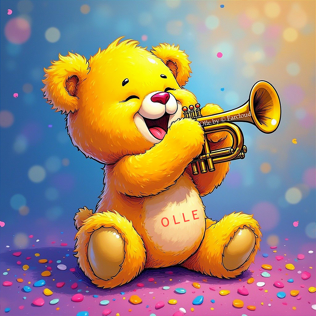 Cheerful Yellow Teddy Bear Playing Trumpet with Confetti