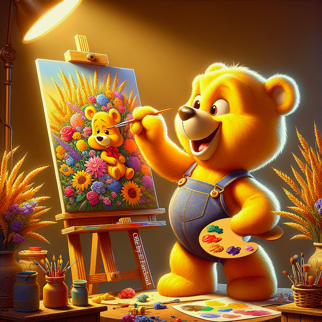 Cheerful Cartoon Bear Painting a Colorful Scene