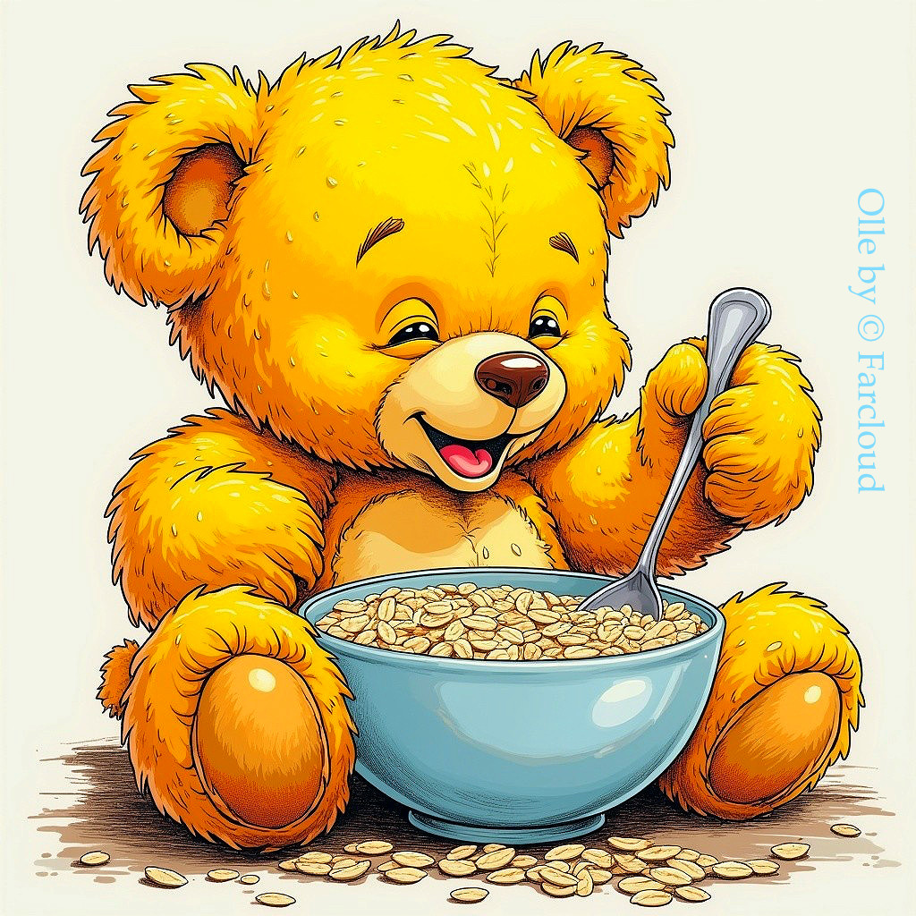 Fluffy Yellow Bear Enjoying Oatmeal in Illustration