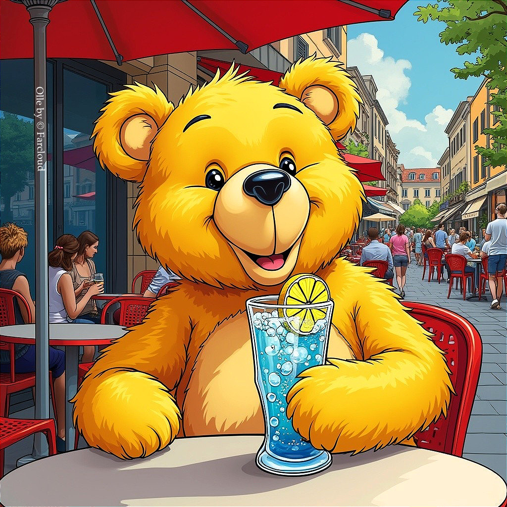 Cartoon Yellow Bear Enjoying Drink at Café Table