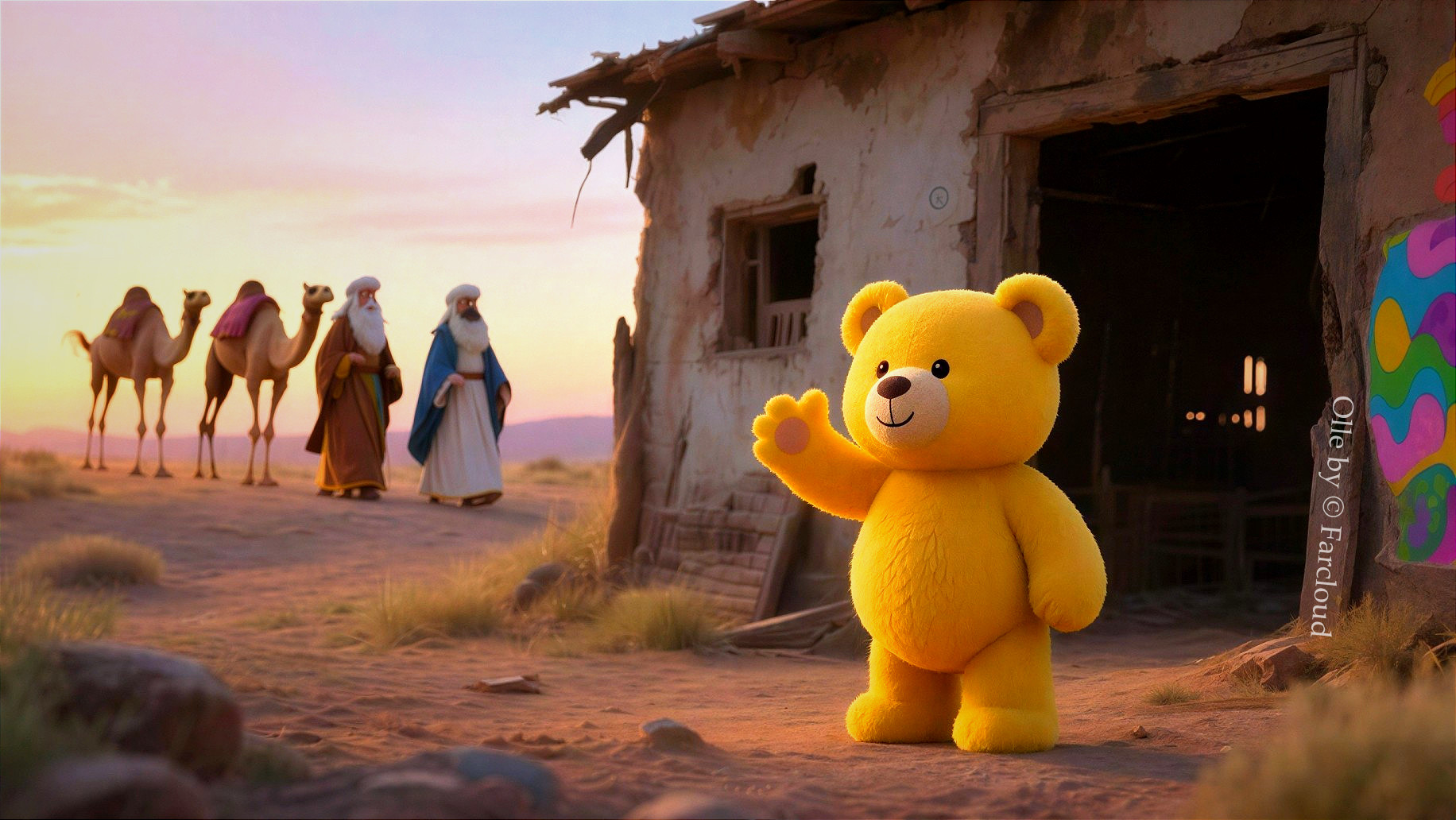Bright Yellow Teddy Bear in Desert Sunset Scene