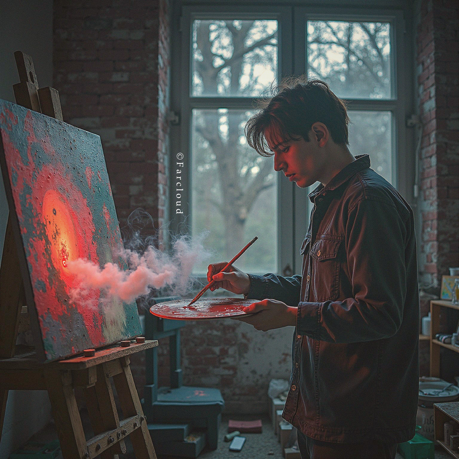 Young Artist Painting Abstract Artwork in Soft Light