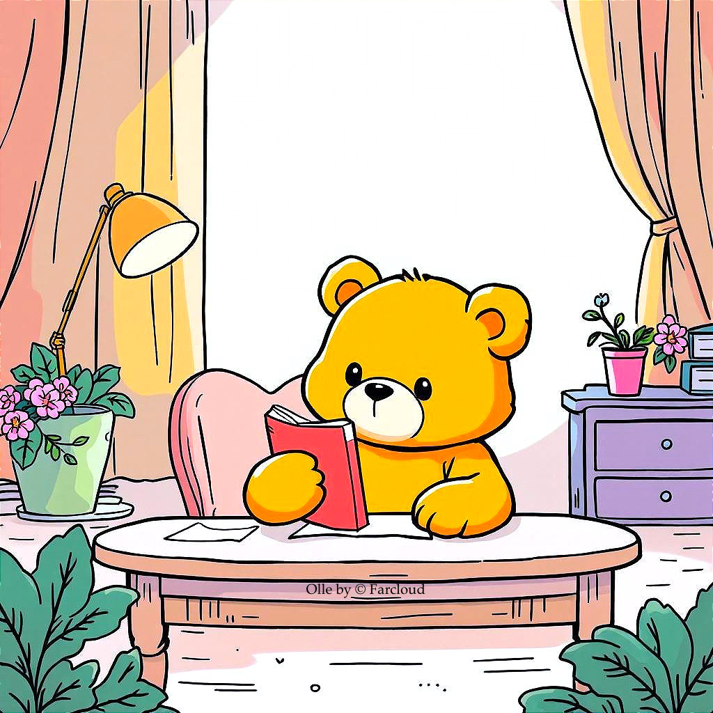 Cute Yellow Teddy Bear Reading in Cozy Room Setting