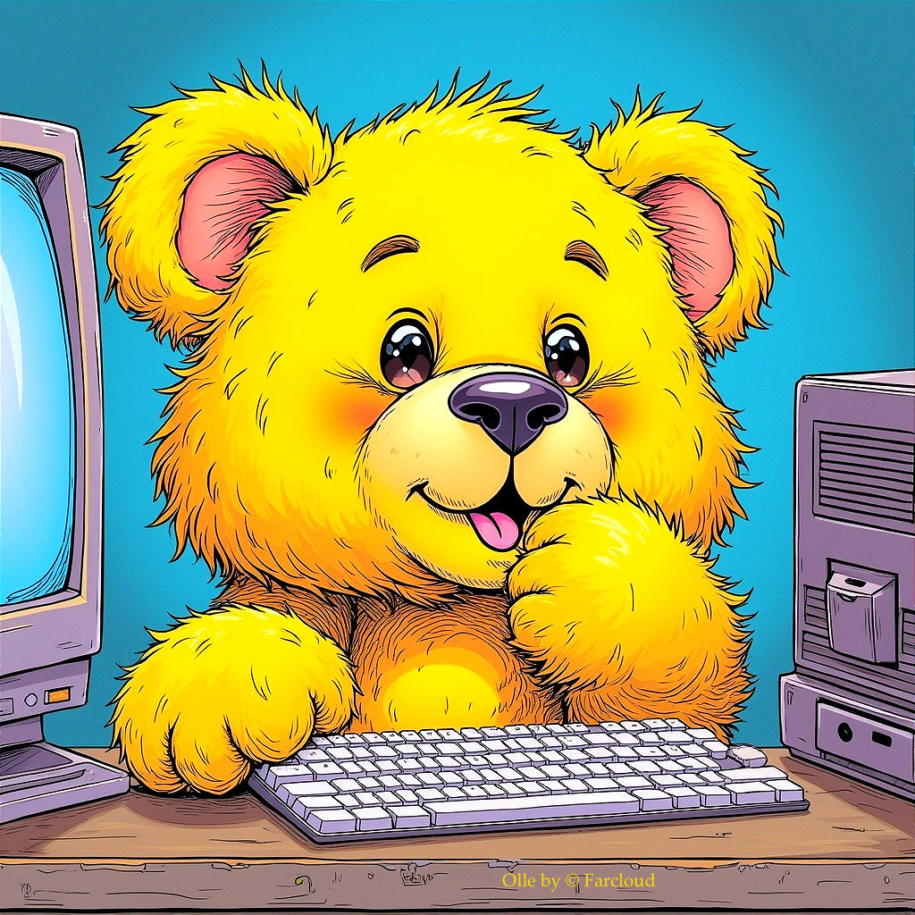 Cheerful yellow bear with computer in whimsical setting