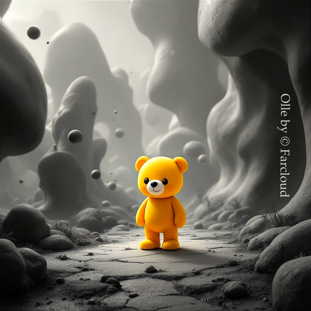Yellow Bear Character in Surreal Dreamlike Landscape