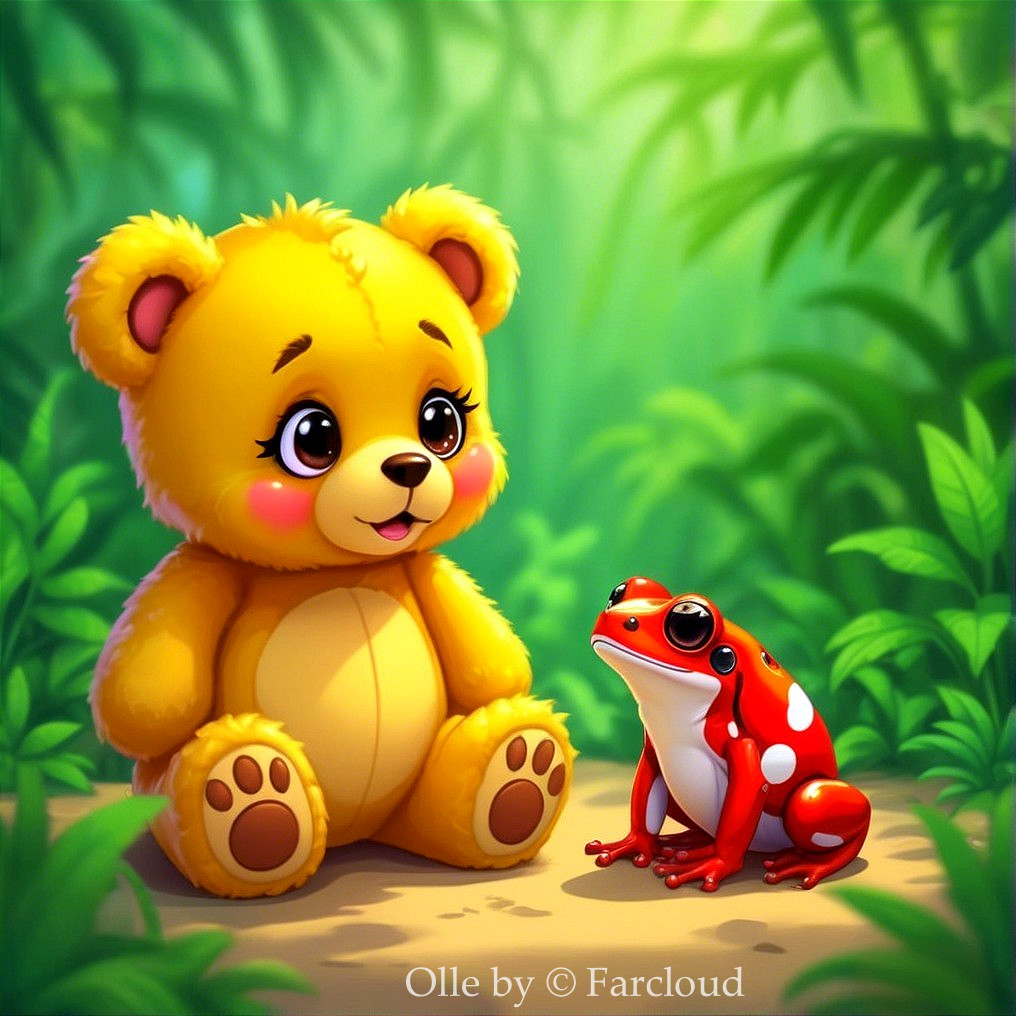 Cheerful Yellow Bear and Spotted Frog in Jungle Setting