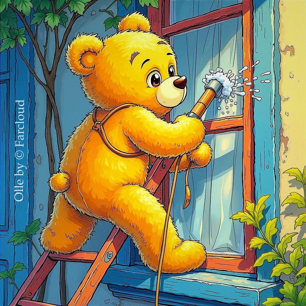 Animated yellow bear watering a window with hose