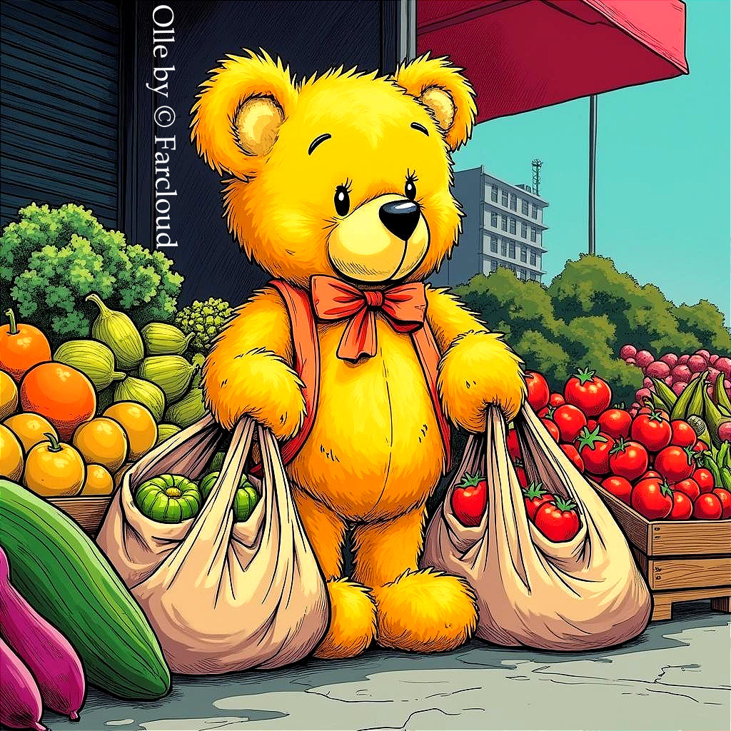 Cartoon Yellow Bear at Vibrant Farmers' Market Scene