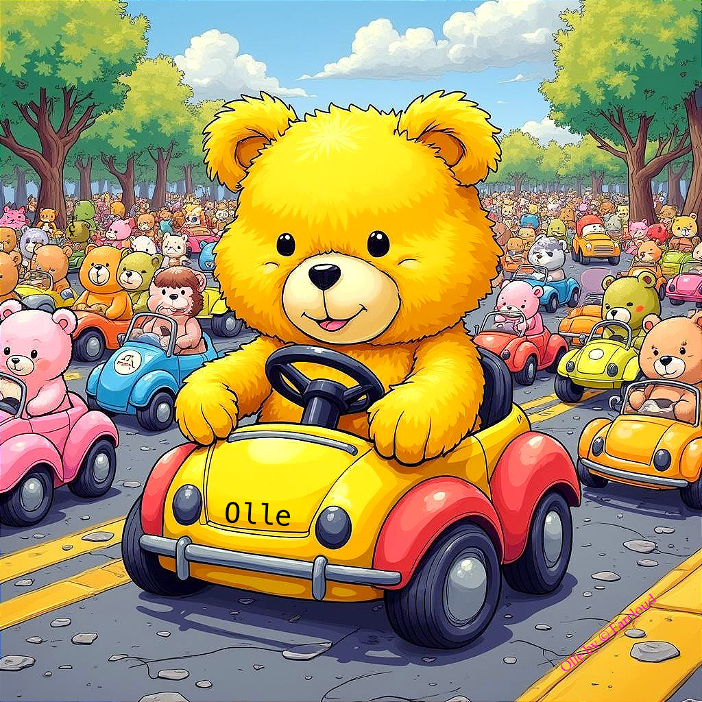 Cheerful Bear Driving Toy Car in Colorful Parade Scene