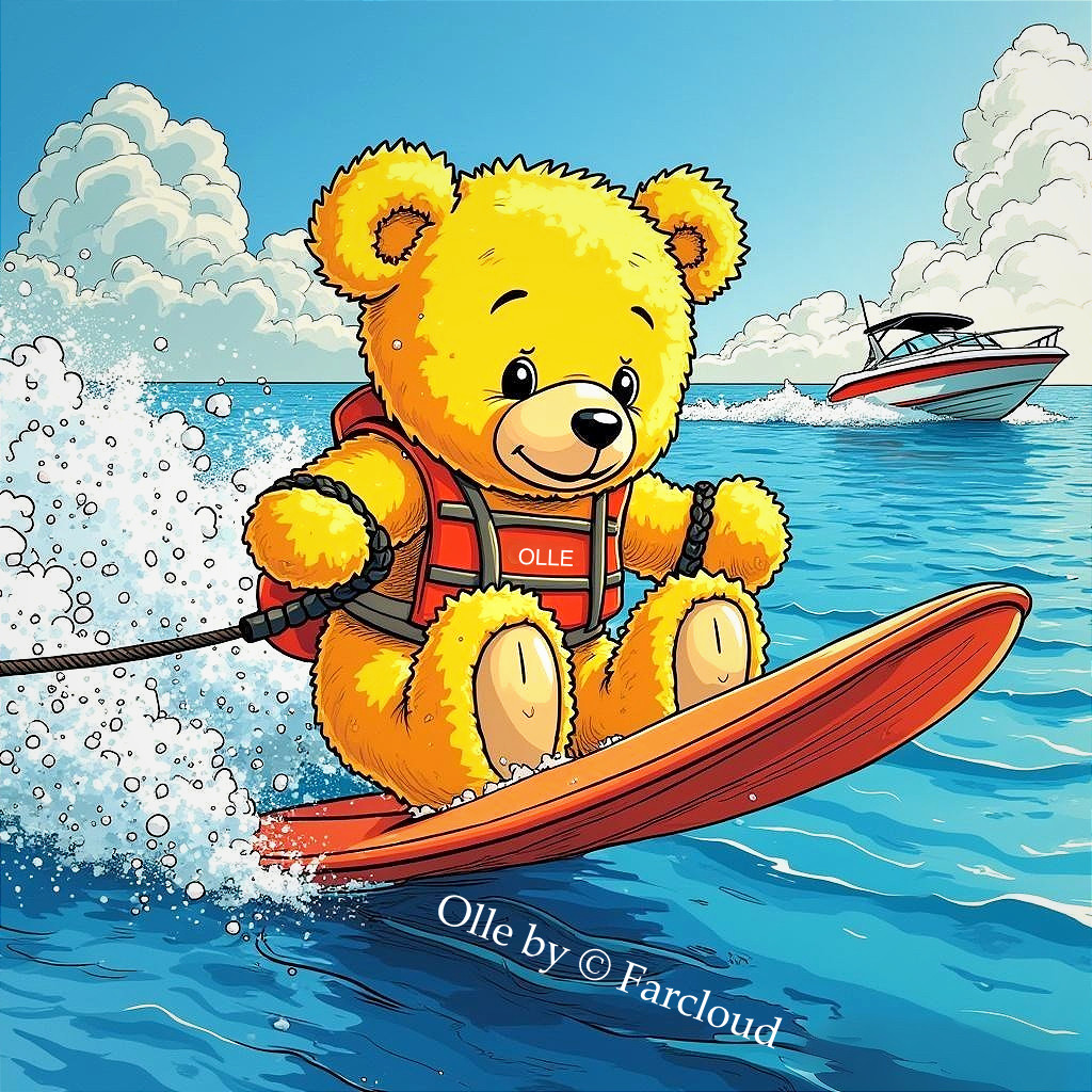 Golden Teddy Bear Waterskiing on Blue Sea