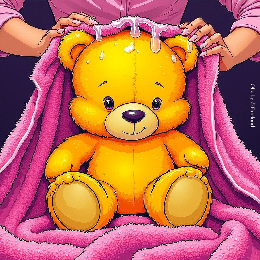 Cheerful yellow teddy bear in cozy pink blanket scene