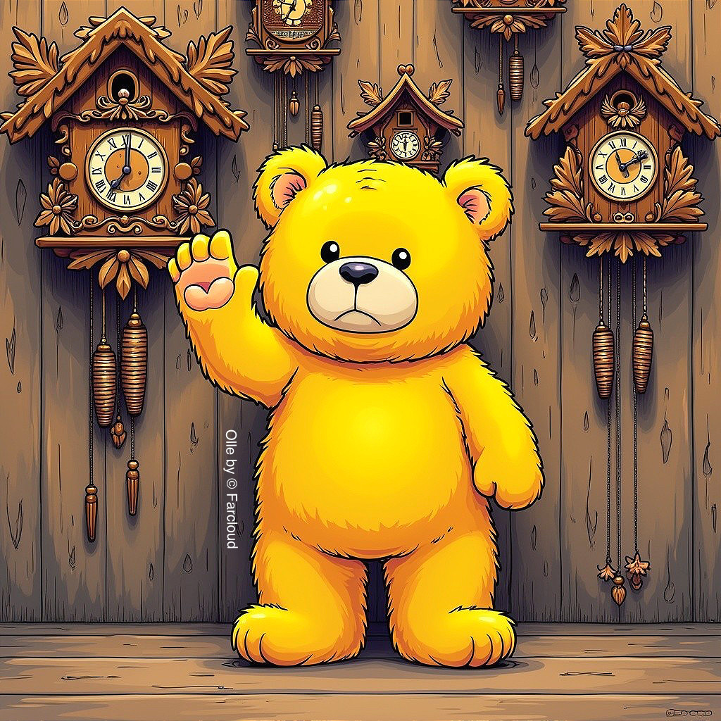Cheerful Yellow Bear with Wooden Cuckoo Clocks