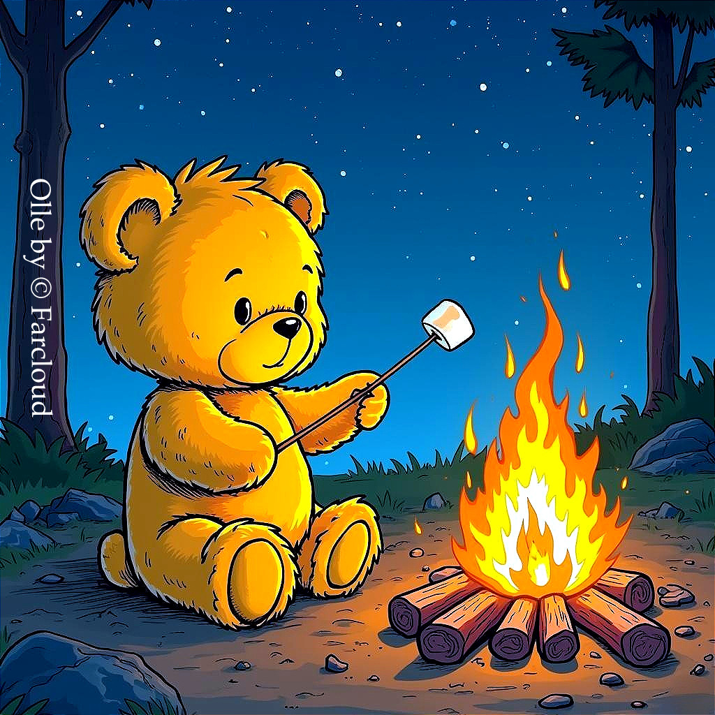 Cartoon Teddy Bear Roasting Marshmallow by Campfire