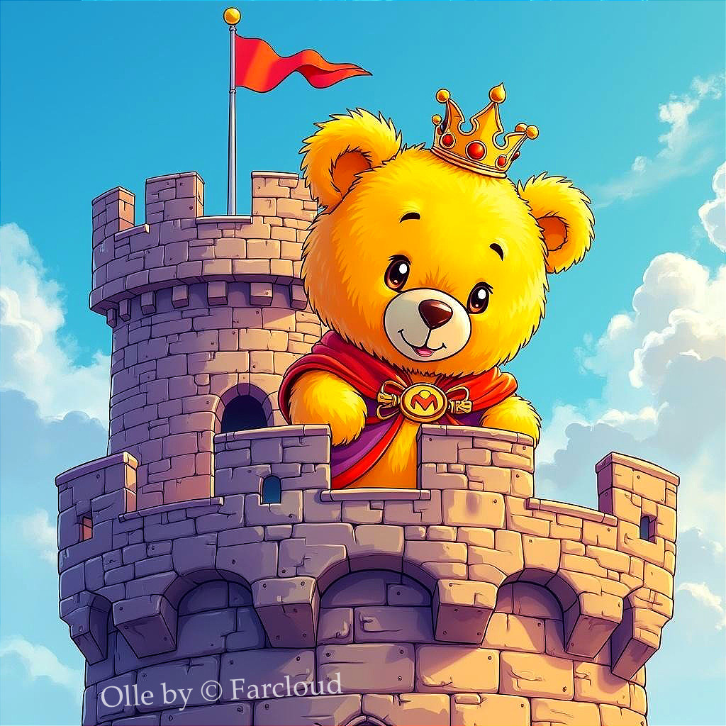 Cartoon Yellow Bear in Castle Tower with Blue Sky