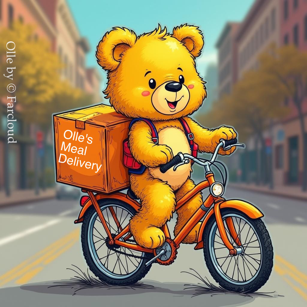 Cartoon Bear on Bicycle Delivering Meals in City