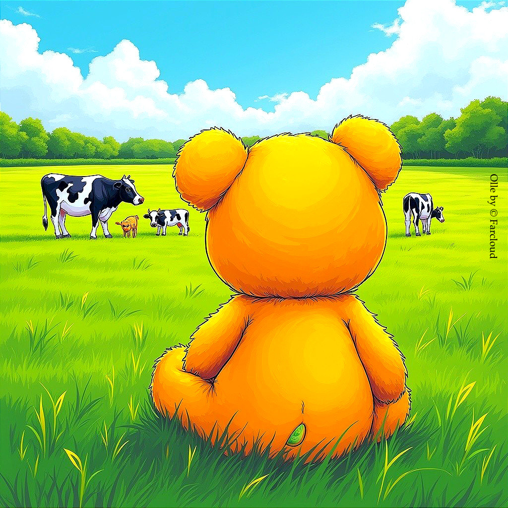 Cheerful Teddy Bear in a Sunny Meadow with Cows