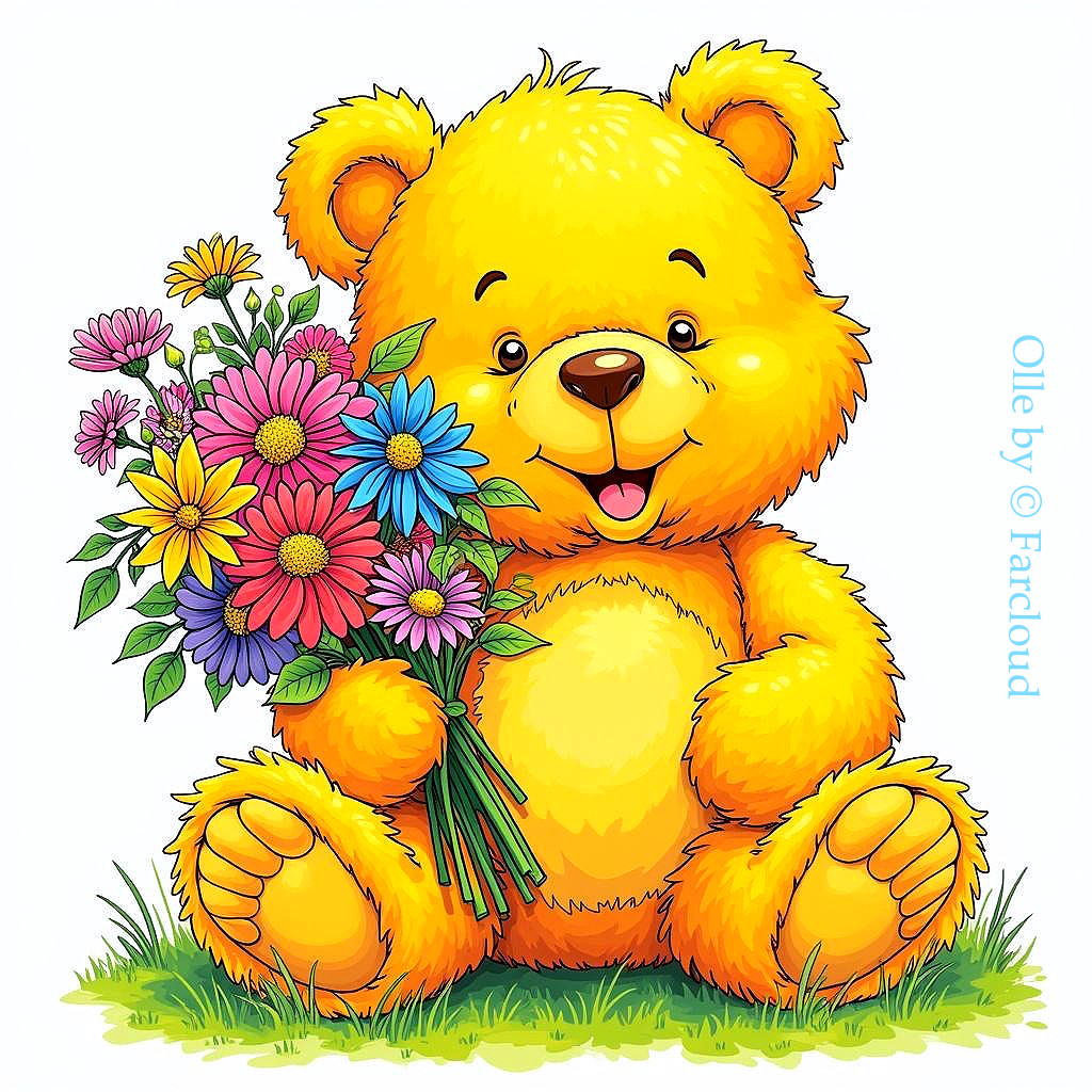 Cheerful Yellow Bear with Colorful Flowers in Grass