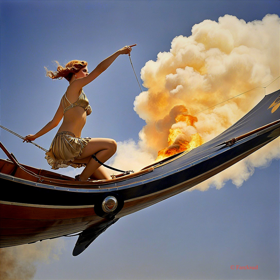 Woman in Gold Bikini on Boat with Orange Smoke
