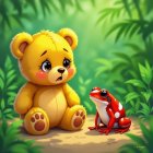 Cheerful Yellow Bear and Spotted Frog in Jungle Setting