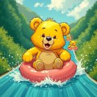 Cheerful Yellow Bear on Pink Inner Tube at Water Flume