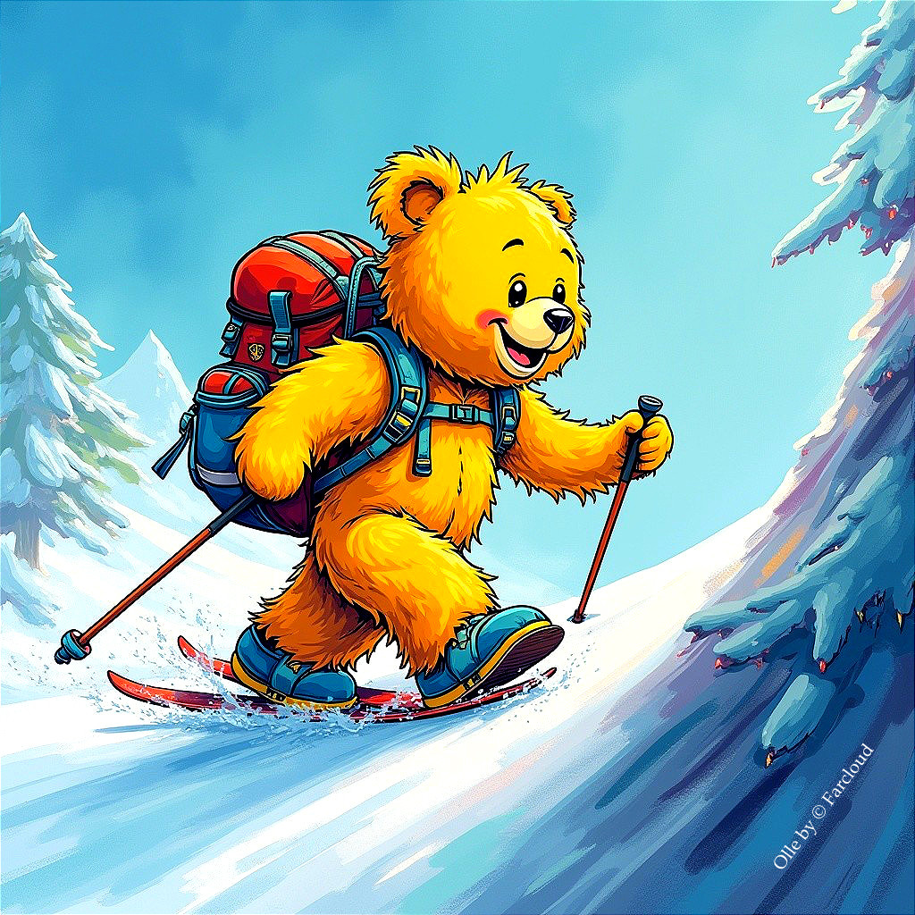 Cartoon Yellow Bear Skiing on Snowy Mountain