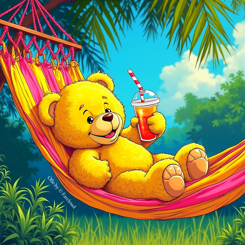 Fluffy Yellow Teddy Bear Relaxing in Hammock