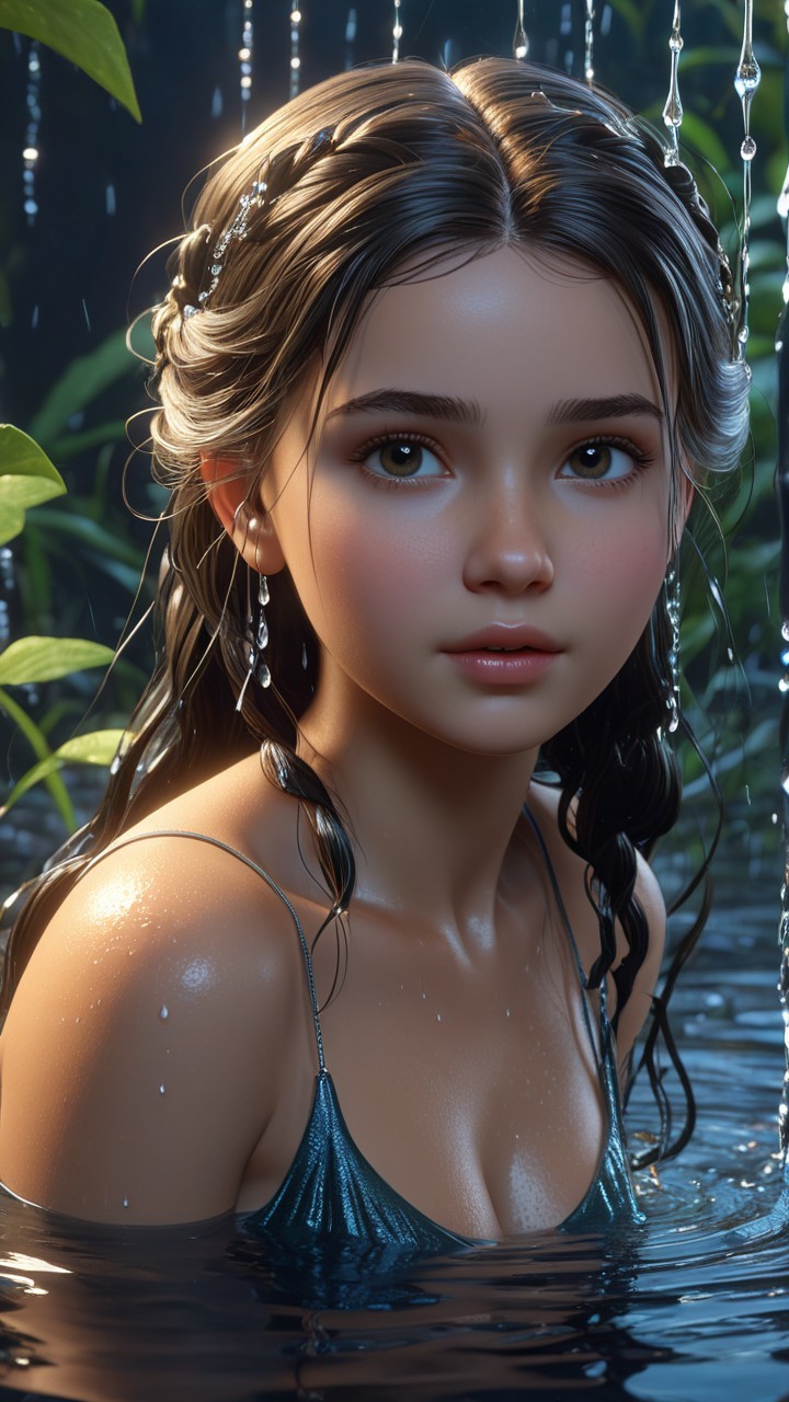 Young Girl in Shimmering Pool Surrounded by Nature