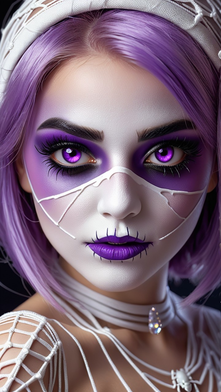 Model with Purple Hair and Bold Halloween Makeup