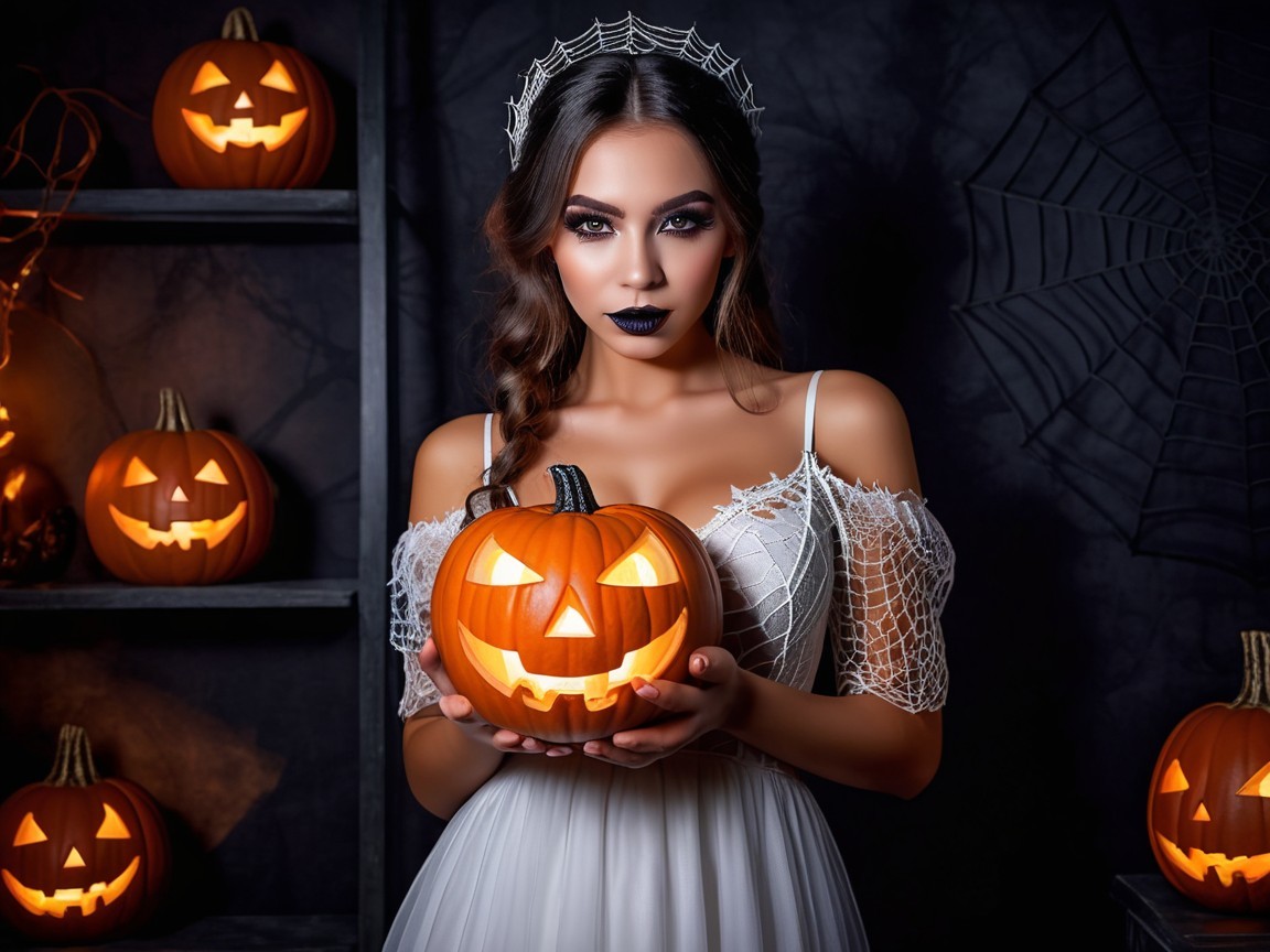 Gothic Woman in White Dress with Halloween Pumpkins