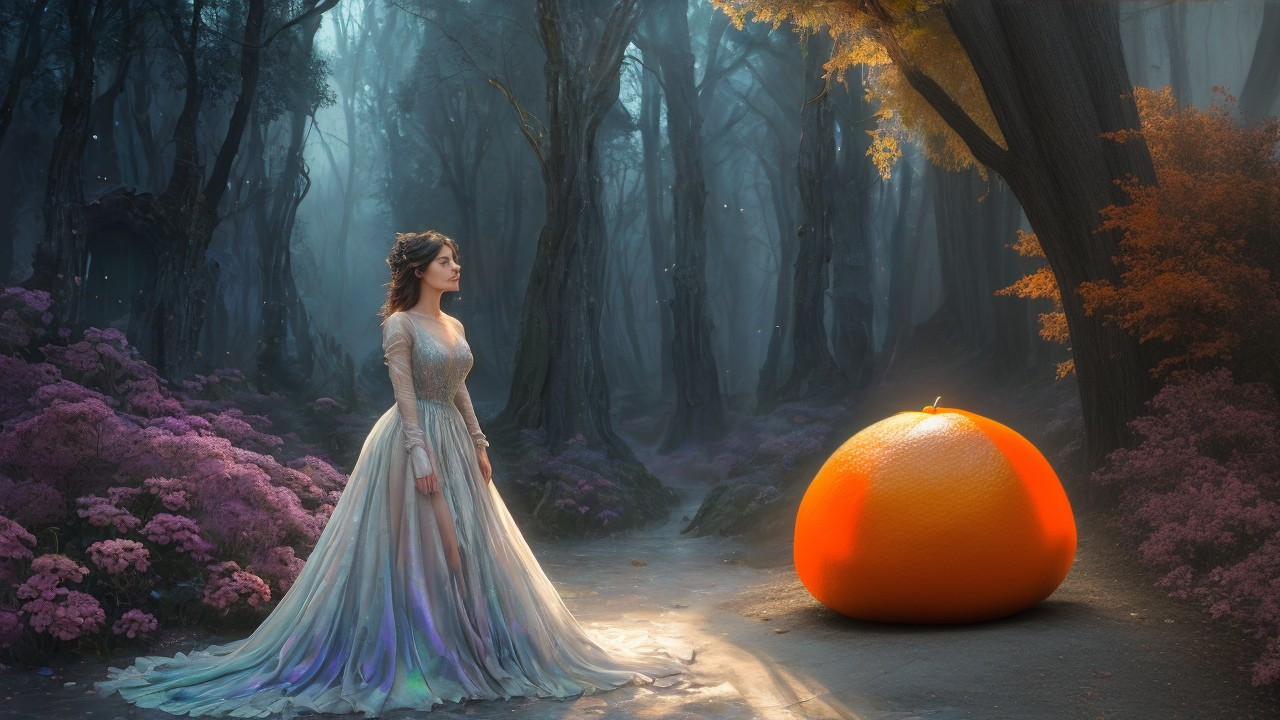 Mystical forest scene with a woman and giant orange