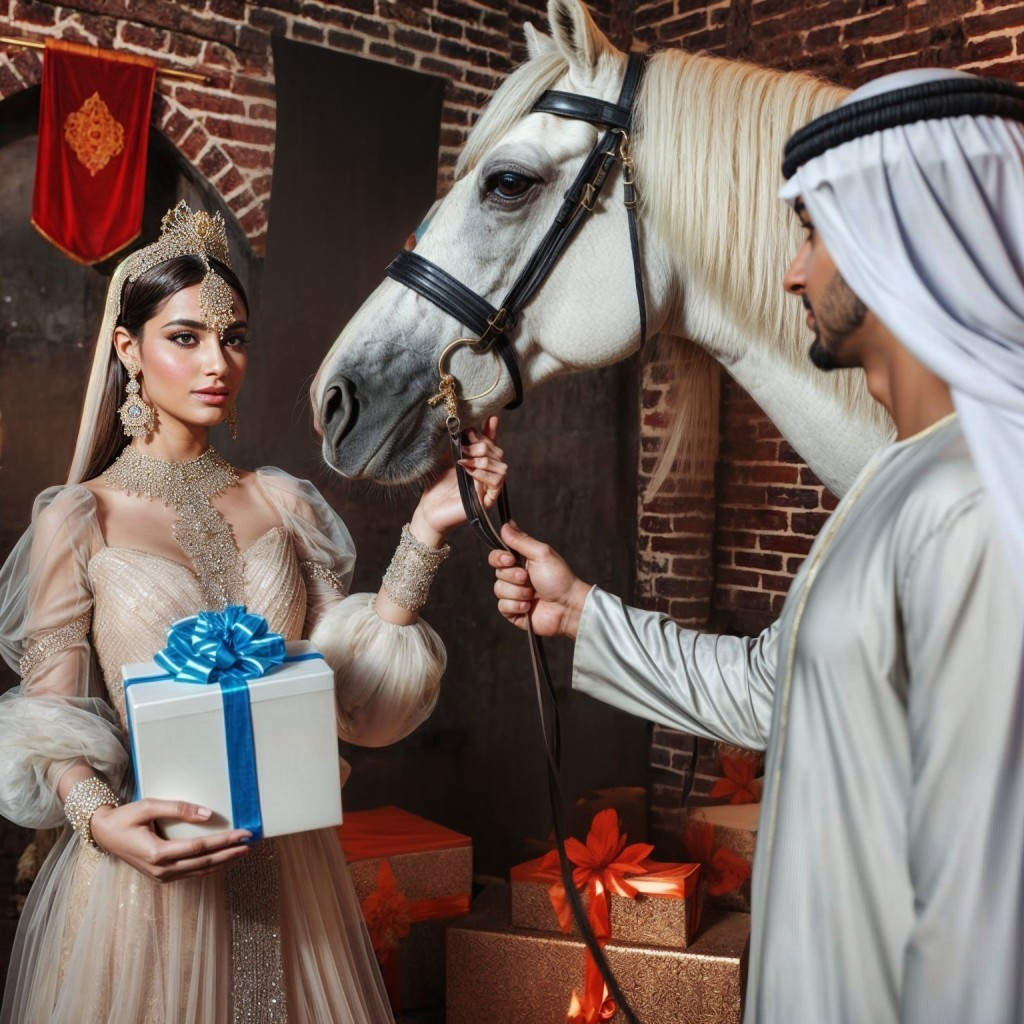Regal Woman with Gift Beside Majestic White Horse